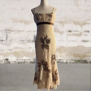 S.L. Fashions Cream and Brown Midi Sundress Spaghetti Strap Size 6